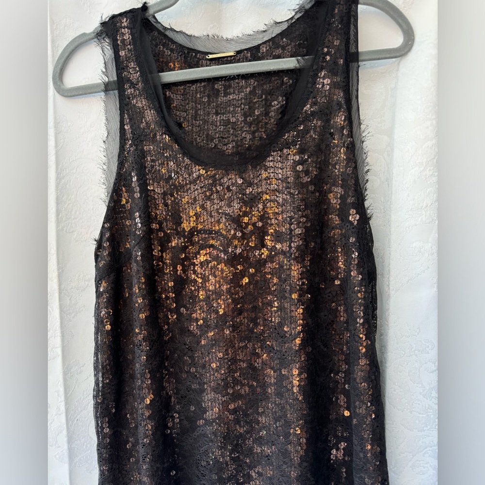 Brown Sequin Tank Top with Lace Detailing